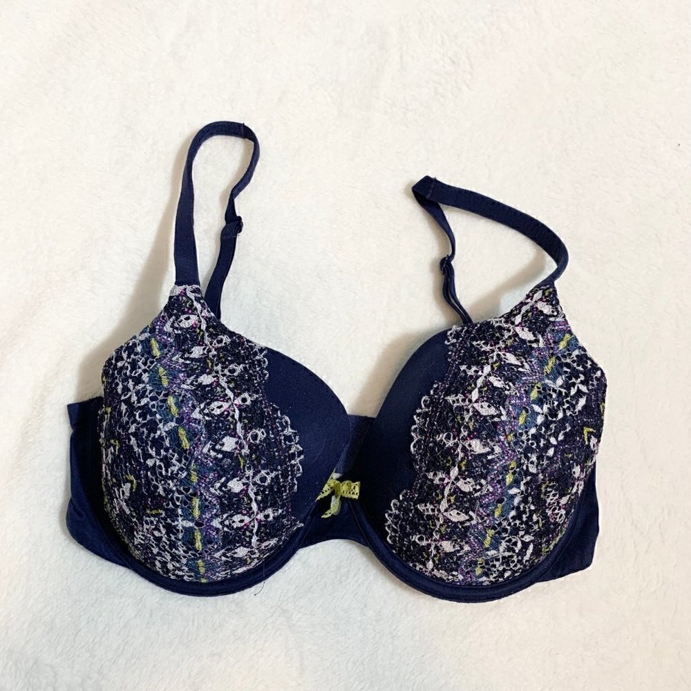 Victoria's Secret Lined Perfect Coverage Bra Women 32DD Navy Blue Lace Floral